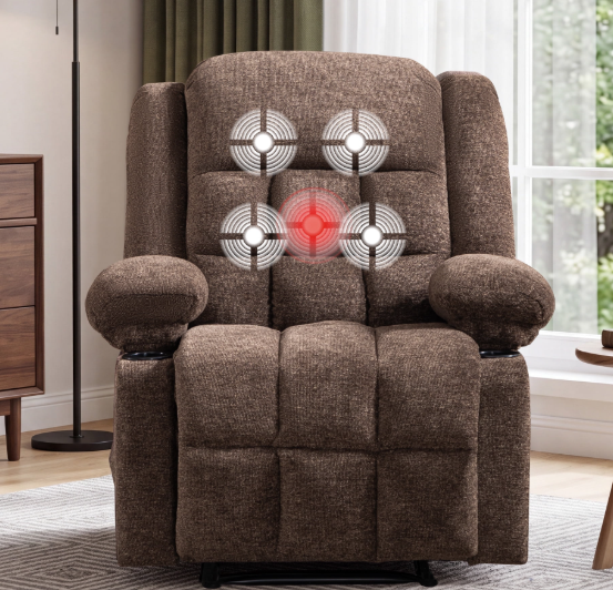 ZOY HOME Manual Recliner Chair, Fabric Breathable Recliner with Massage and Heat, Cup Holders, Storage Pockets for Living Room, Brown