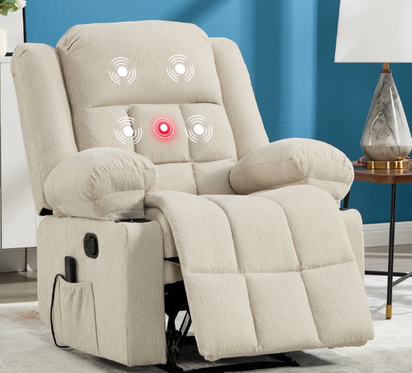ZOY HOME Manual Recliner Chair, Fabric Breathable Comfortable Recliner with Massage and Heat, Cup Holders, Storage Pockets for Living Room, Beige