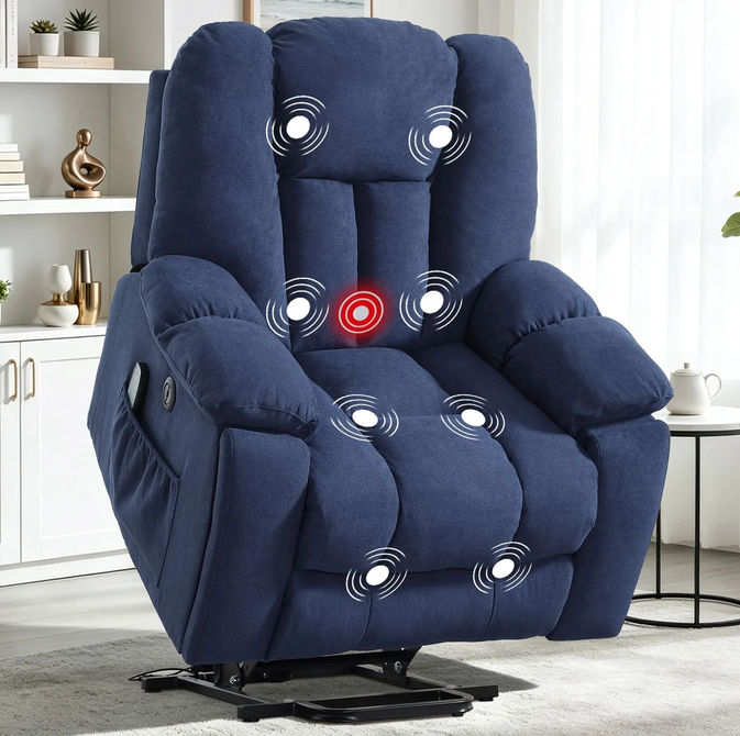 ZOY HOME Power Lift Recliner Chair with Heat & Massage, Overstuffed Soft Velvet Reclining Chair with USB Ports & Cup Holders for Living Room, Navy Blue