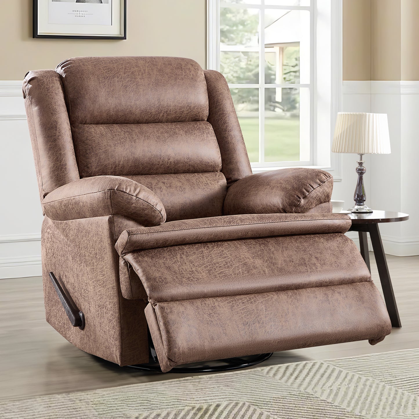 ZOY HOME Classic Swivel Rocker Recliner Chair, Manual Faux Leather Reclining Living Room Single Sofa with Side Handle & Overstuffed Arms, Light Brown