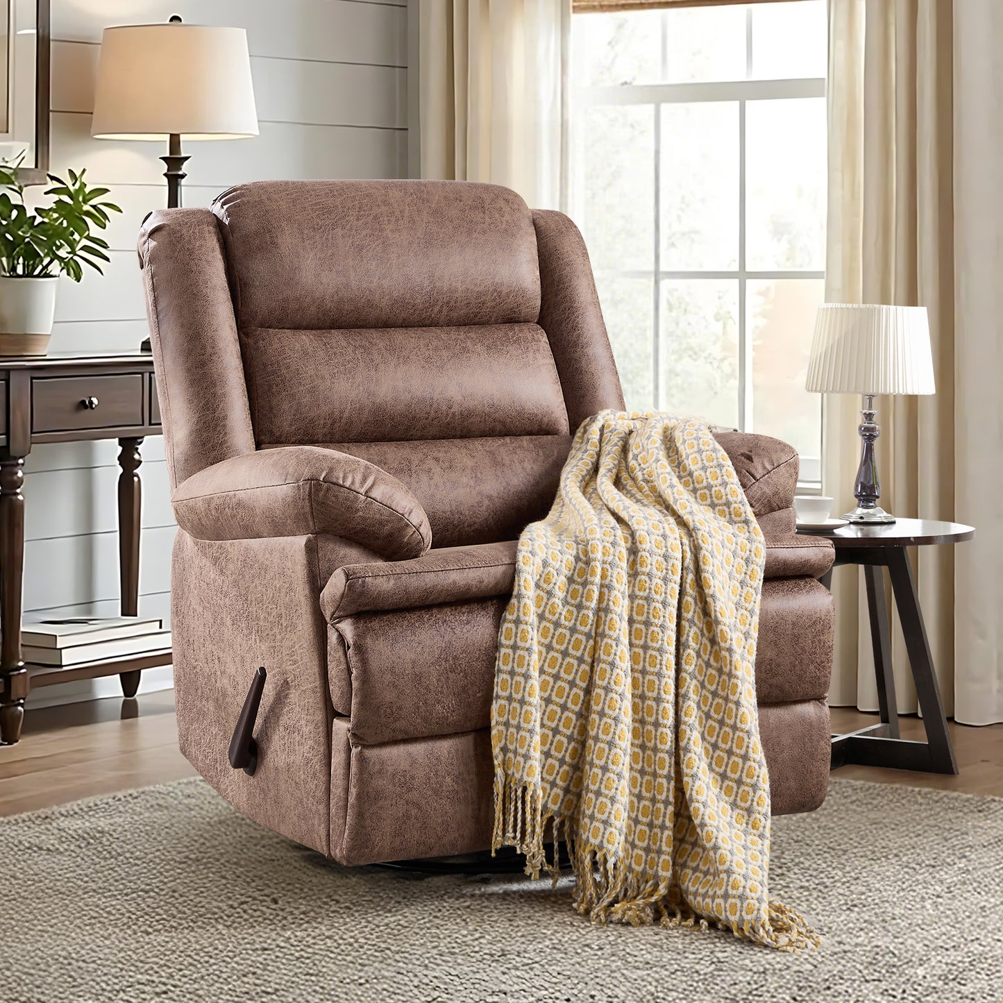 ZOY HOME Classic Swivel Rocker Recliner Chair, Manual Faux Leather Reclining Living Room Single Sofa with Side Handle & Overstuffed Arms, Light Brown