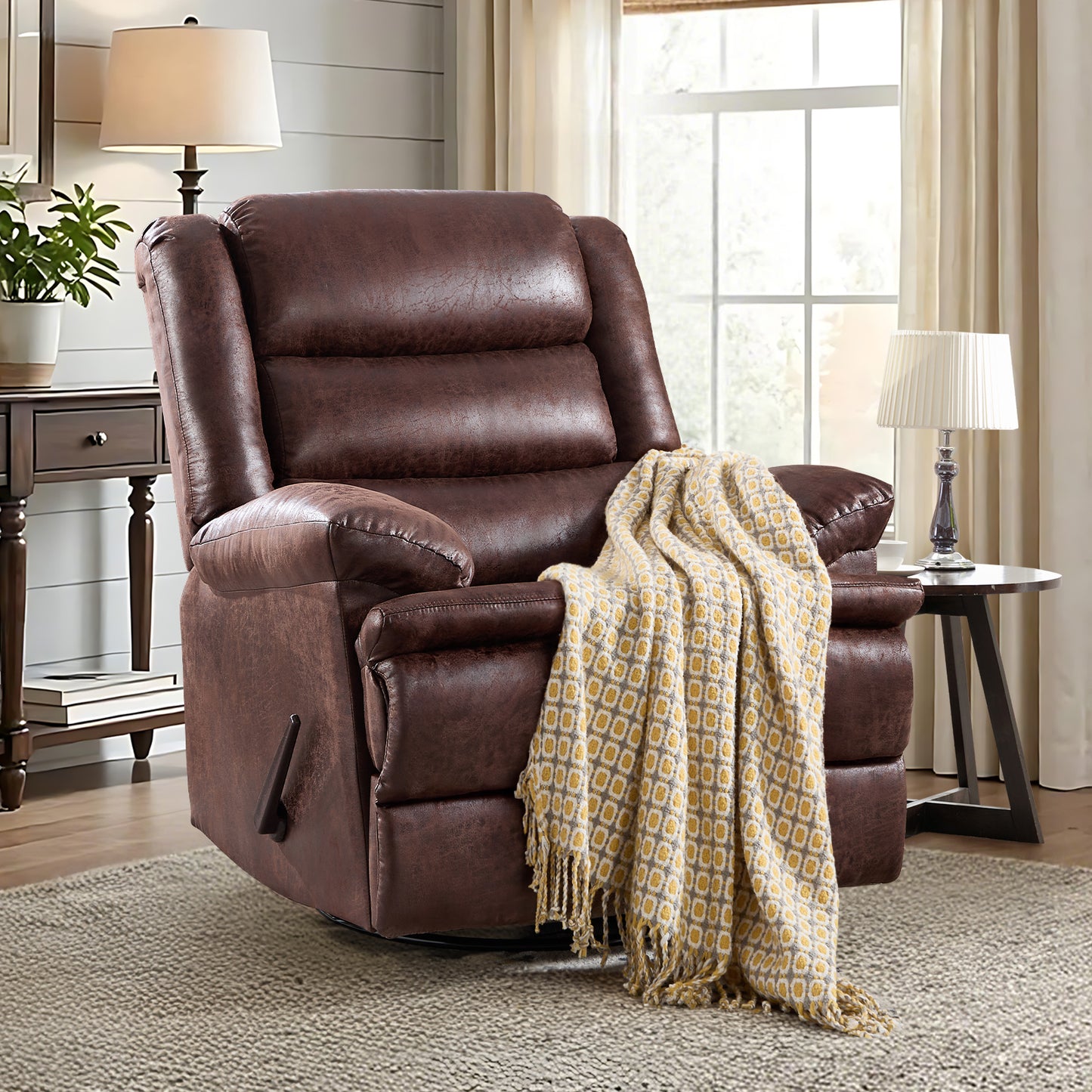 ZOY HOME Classic Swivel Rocker Recliner Chair, Manual Faux Leather Reclining Living Room Single Sofa with Side Handle & Overstuffed Arms, Light Brown