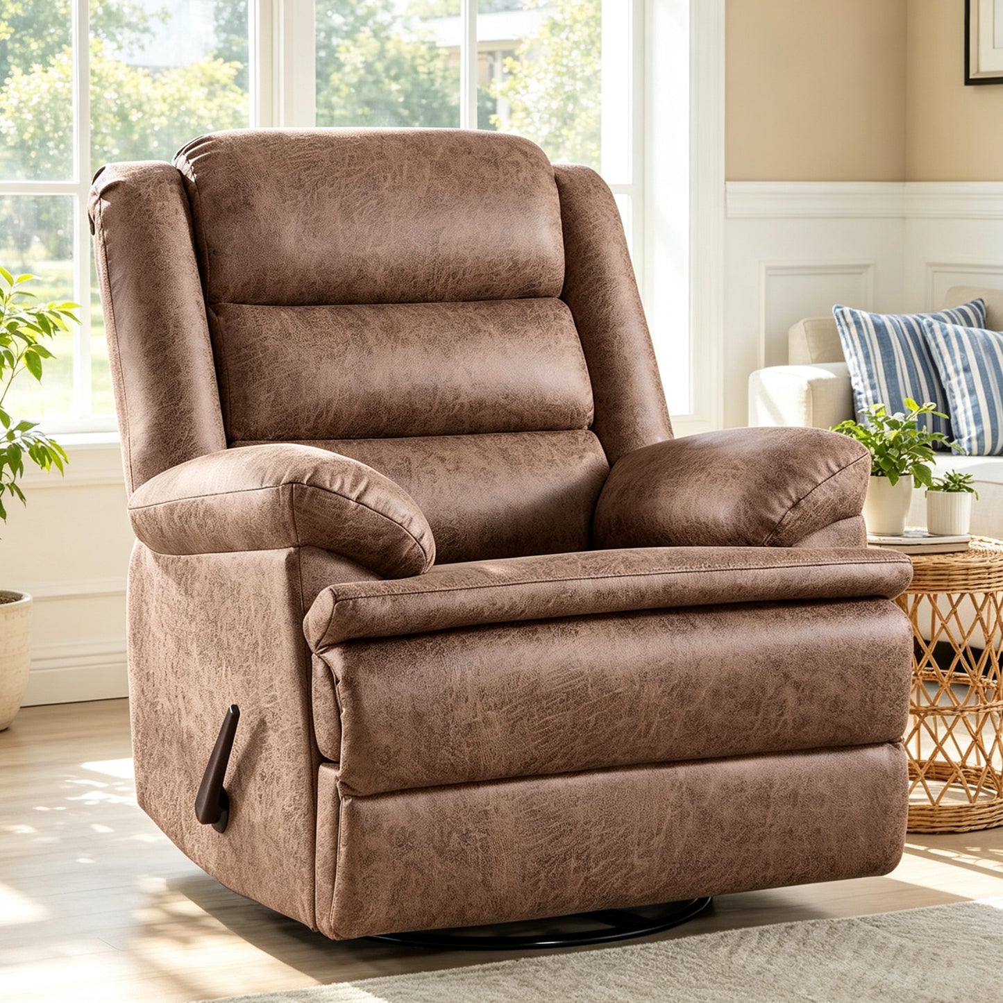 ZOY HOME Classic Swivel Rocker Recliner Chair, Manual Faux Leather Reclining Living Room Single Sofa with Side Handle & Overstuffed Arms, Light Brown