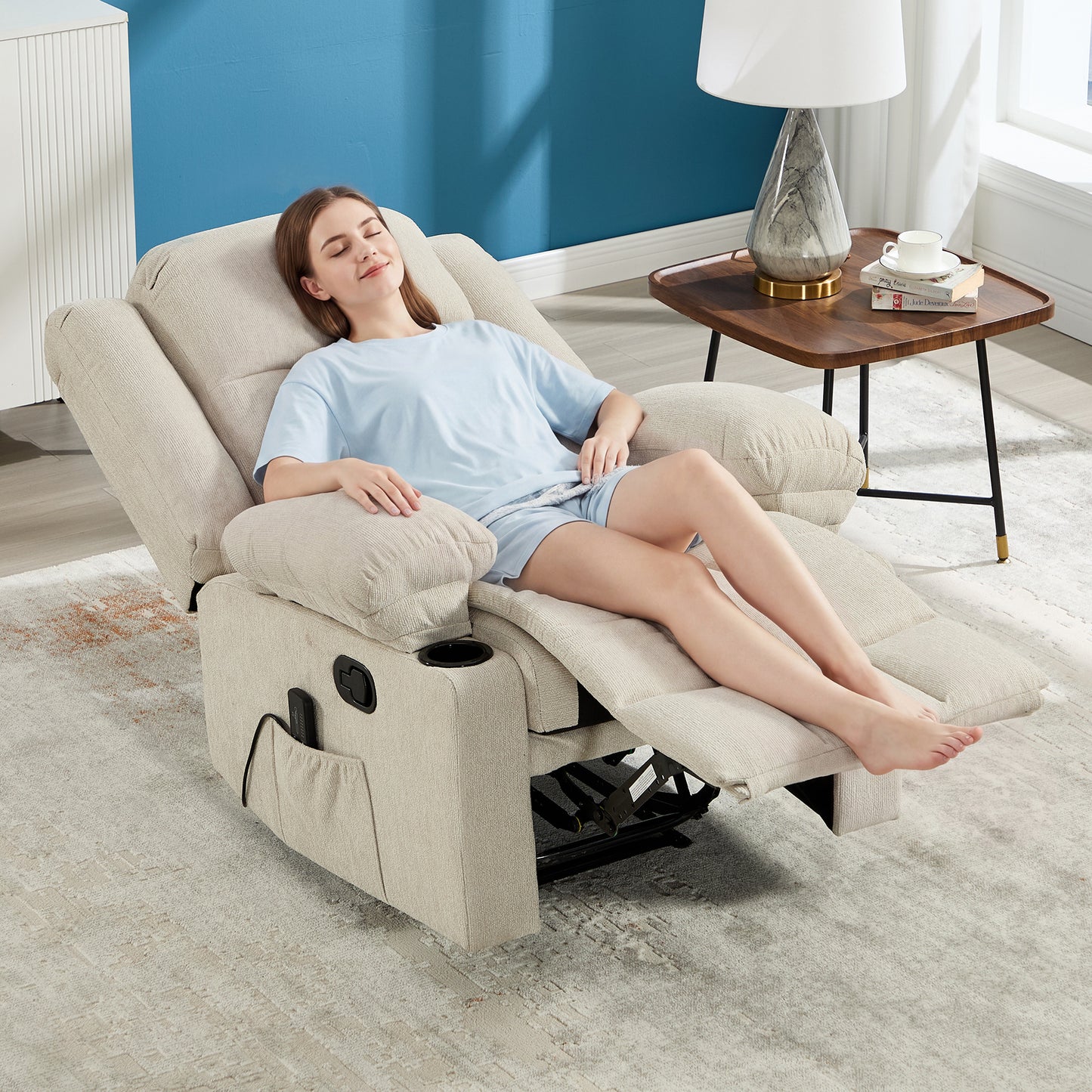 ANJManual Recliner Chair with Massage and Heat, Fabric Recliner with Cup Holders