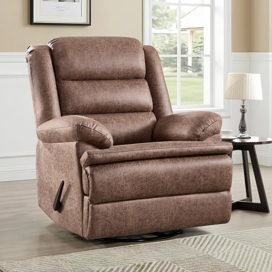 ZOY HOME Classic Swivel Rocker Recliner Chair, Manual Faux Leather Reclining Living Room Single Sofa with Side Handle & Overstuffed Arms, Light Brown