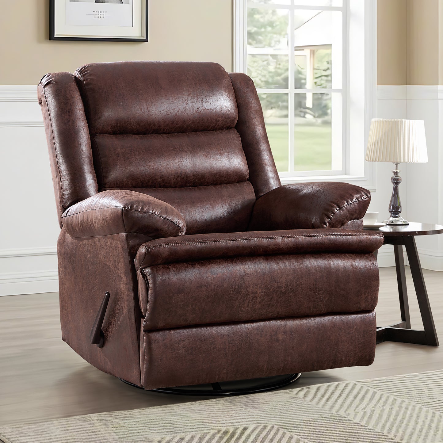 ZOY HOME Classic Swivel Rocker Recliner Chair, Manual Faux Leather Reclining Living Room Single Sofa with Side Handle & Overstuffed Arms, Light Brown