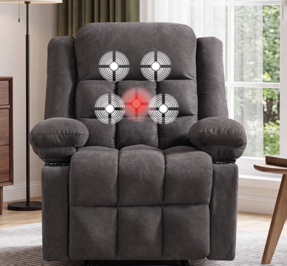 ZOY HOME Manual Recliner Chair, Fabric Breathable Recliner with Massage and Heat, Cup Holders, Storage Pockets for Living Room, Gray