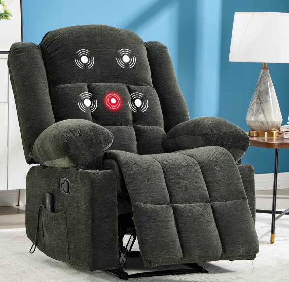 ZOY HOME Manual Recliner Chair, Fabric Breathable Comfortable Recliner with Massage and Heat, Cup Holders, Storage Pockets for Living Room, Green