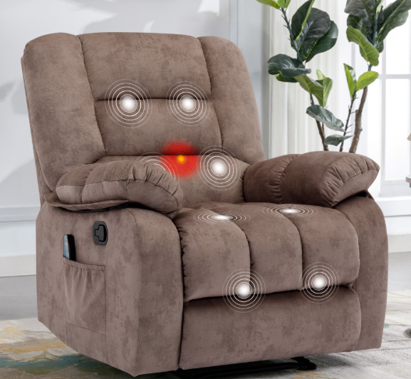 ZOY HOME Manual Recliner Chair with Heat and Vibration, Soft Velvet Reclining Chair with Overstuffed Armrests & Side Pockets for Living Room, Light Brown