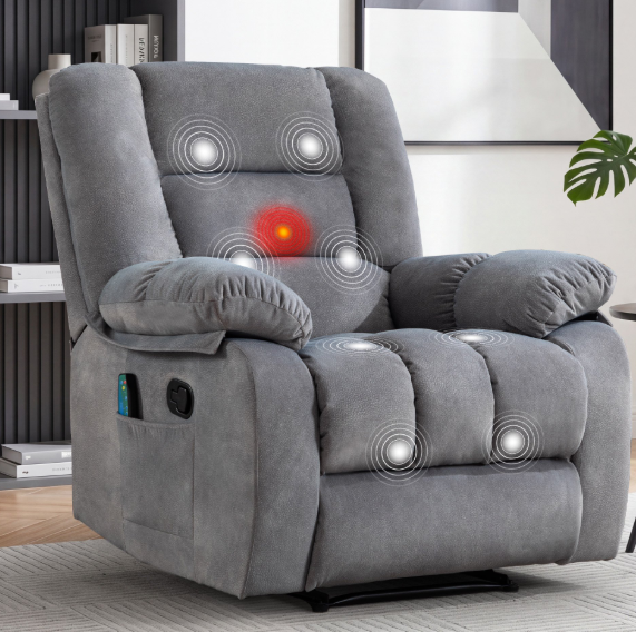 ZOY HOME Manual Recliner Chair with Heat and Vibration, Soft Velvet Reclining Chair with Overstuffed Armrests & Side Pockets for Living Room, Light Gray