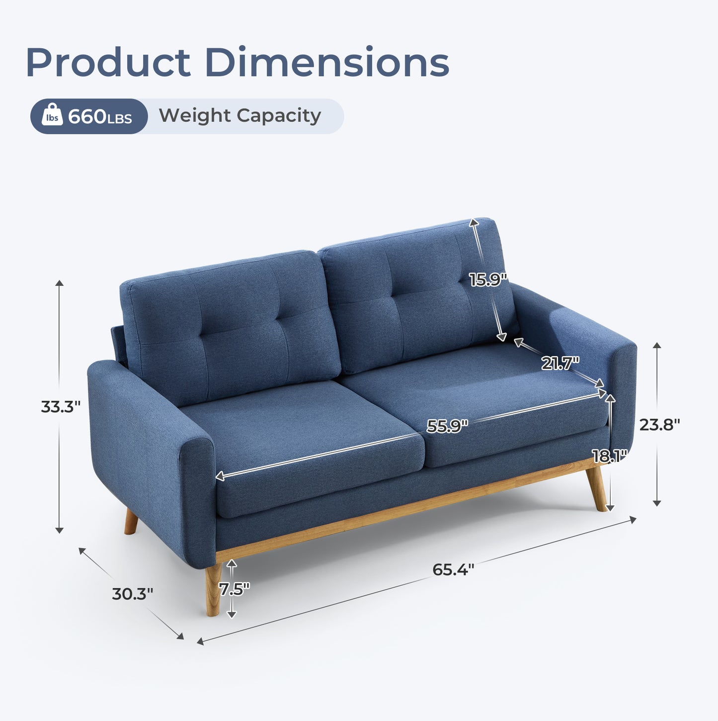 ANJ 2-Seater Sofa with Detachable Back Cushion, Fabric Upholstered Loveseat