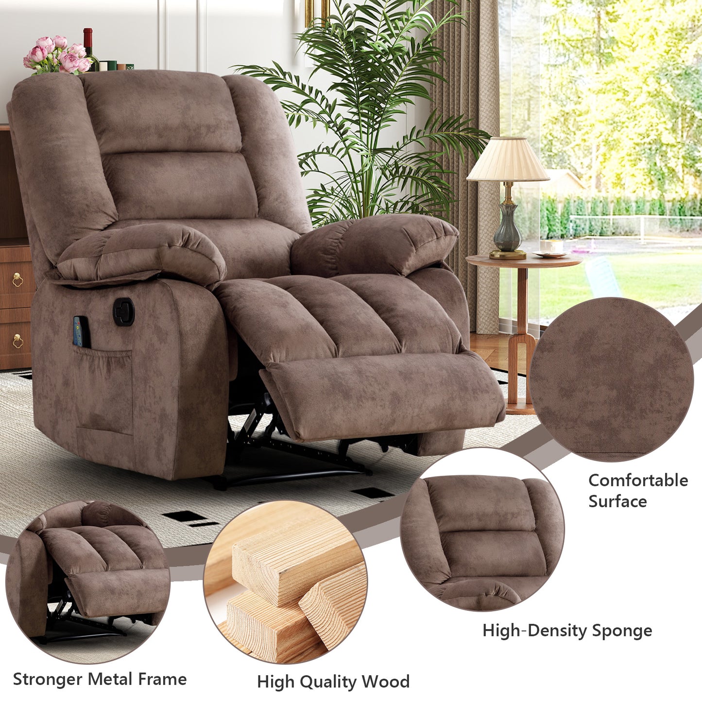 ANJ 36'' Massage Recliner Chair with Heat and Vibration – Soft Fabric Manual Reclining Chair for Living Room and Bedroom