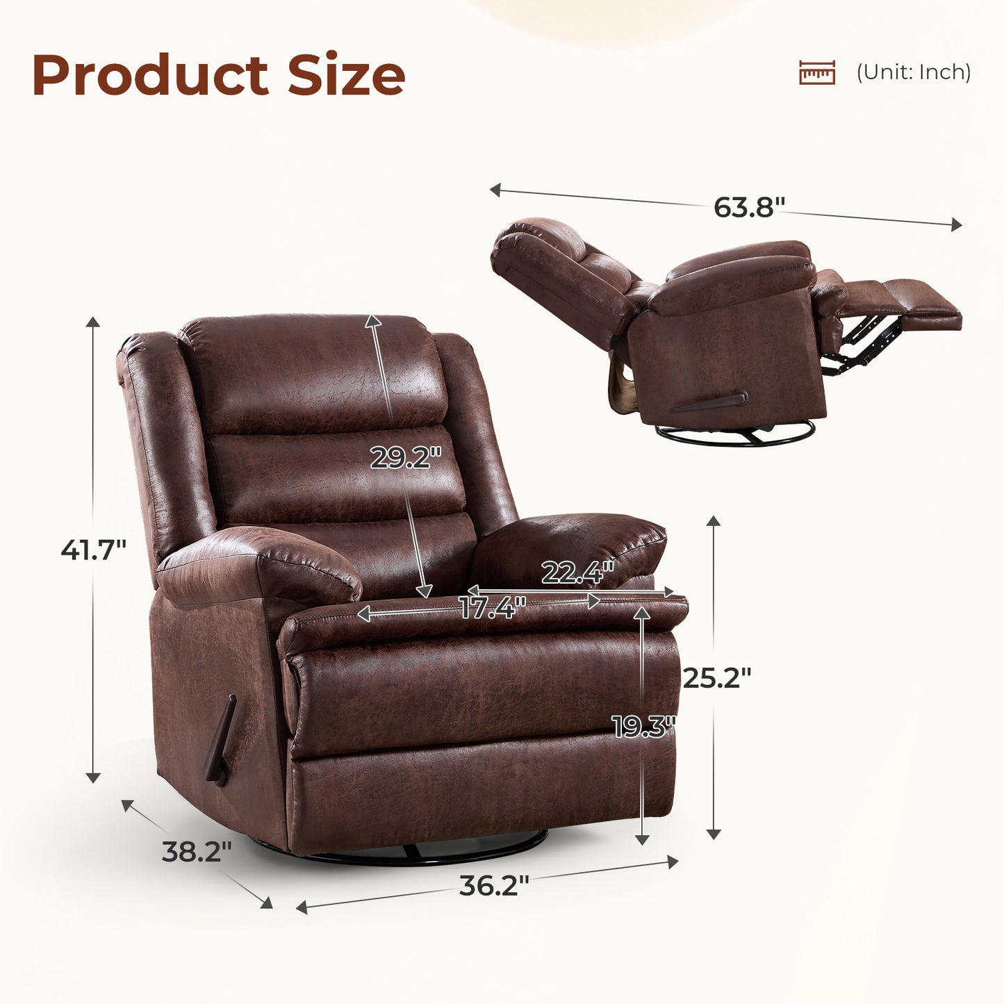 ZOY HOME Classic Swivel Rocker Recliner Chair, Manual Faux Leather Reclining Living Room Single Sofa with Side Handle & Overstuffed Arms, Light Brown