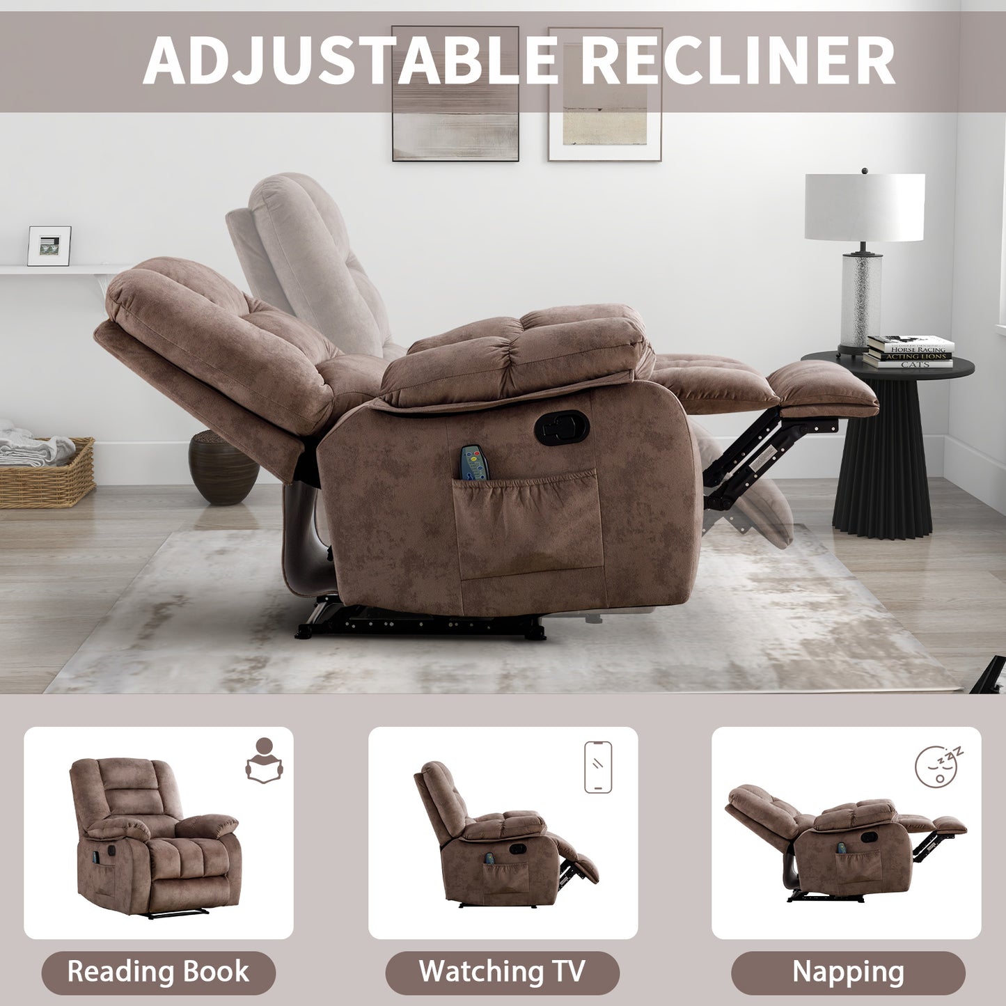 ANJ 36'' Massage Recliner Chair with Heat and Vibration – Soft Fabric Manual Reclining Chair for Living Room and Bedroom