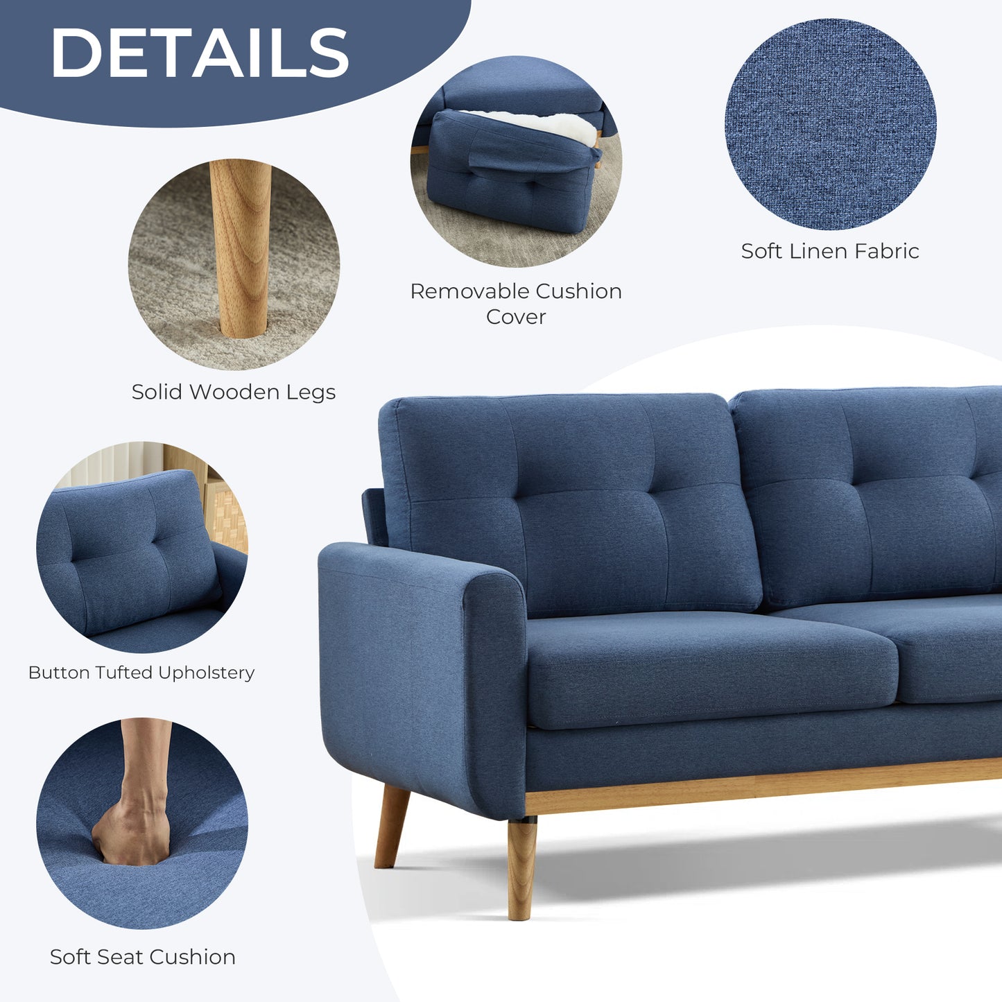 ANJ 2-Seater Sofa with Detachable Back Cushion, Fabric Upholstered Loveseat