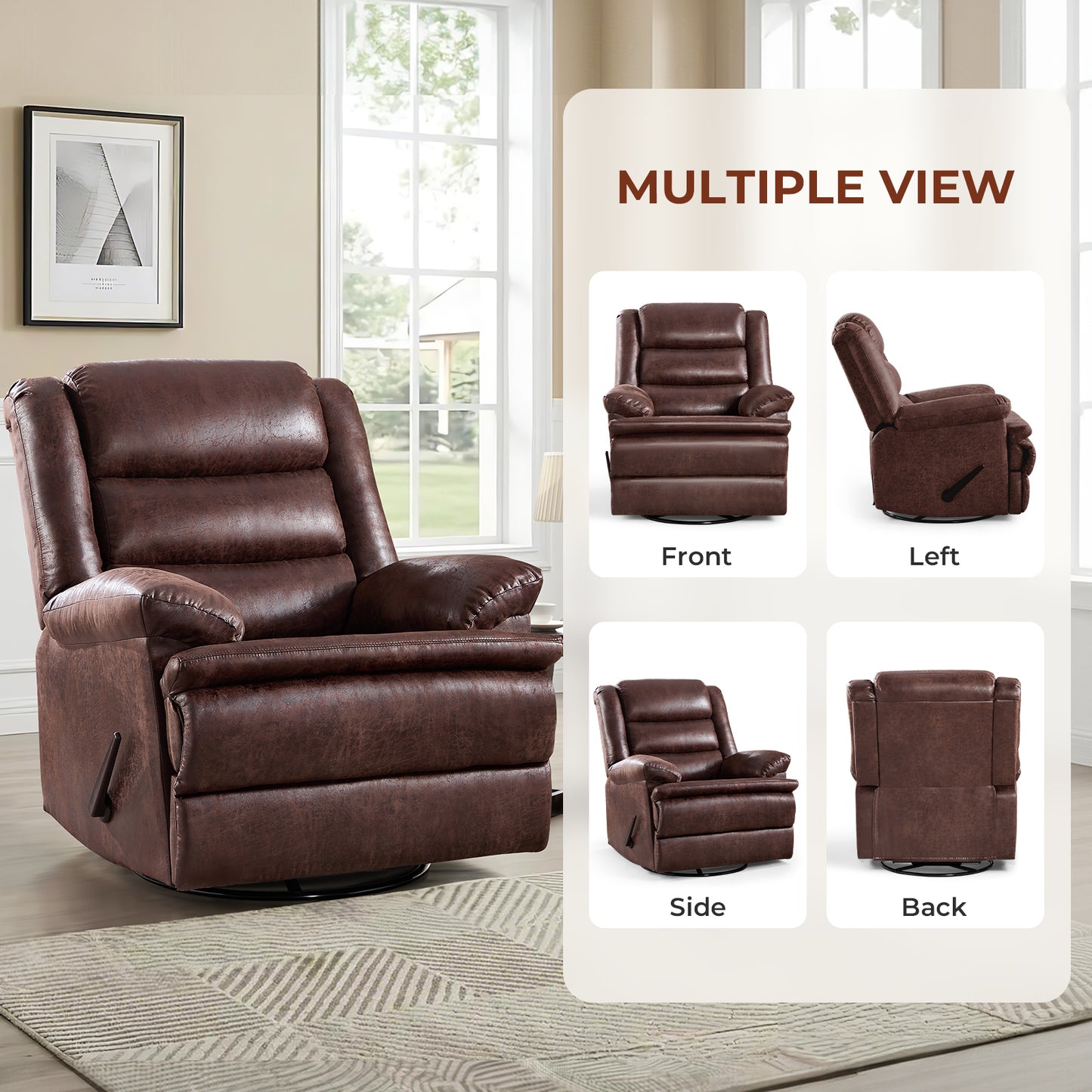 ZOY HOME Classic Swivel Rocker Recliner Chair, Manual Faux Leather Reclining Living Room Single Sofa with Side Handle & Overstuffed Arms, Light Brown