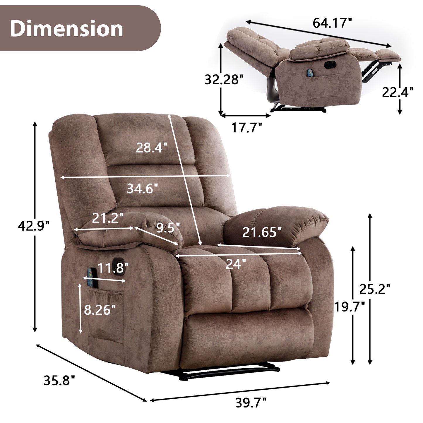 ANJ 36'' Massage Recliner Chair with Heat and Vibration – Soft Fabric Manual Reclining Chair for Living Room and Bedroom