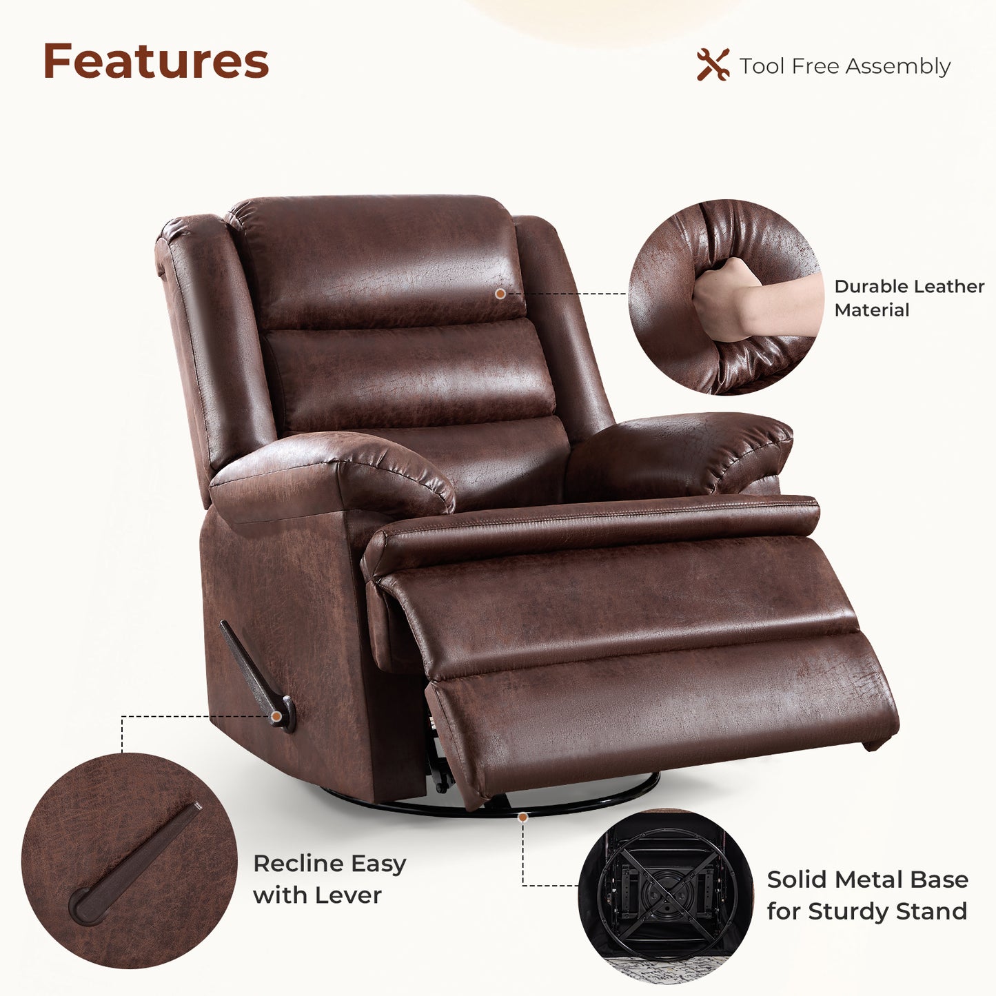 ZOY HOME Classic Swivel Rocker Recliner Chair, Manual Faux Leather Reclining Living Room Single Sofa with Side Handle & Overstuffed Arms, Light Brown