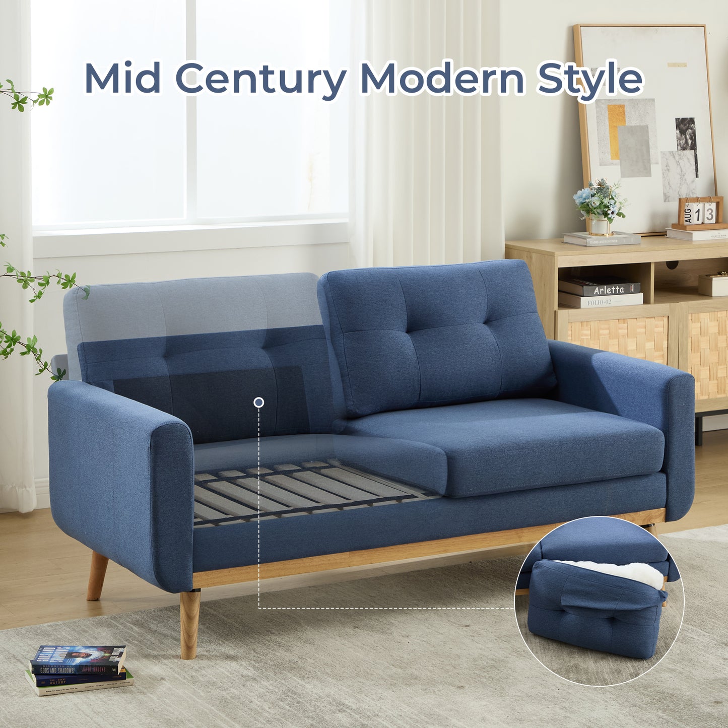 ANJ 2-Seater Sofa with Detachable Back Cushion, Fabric Upholstered Loveseat