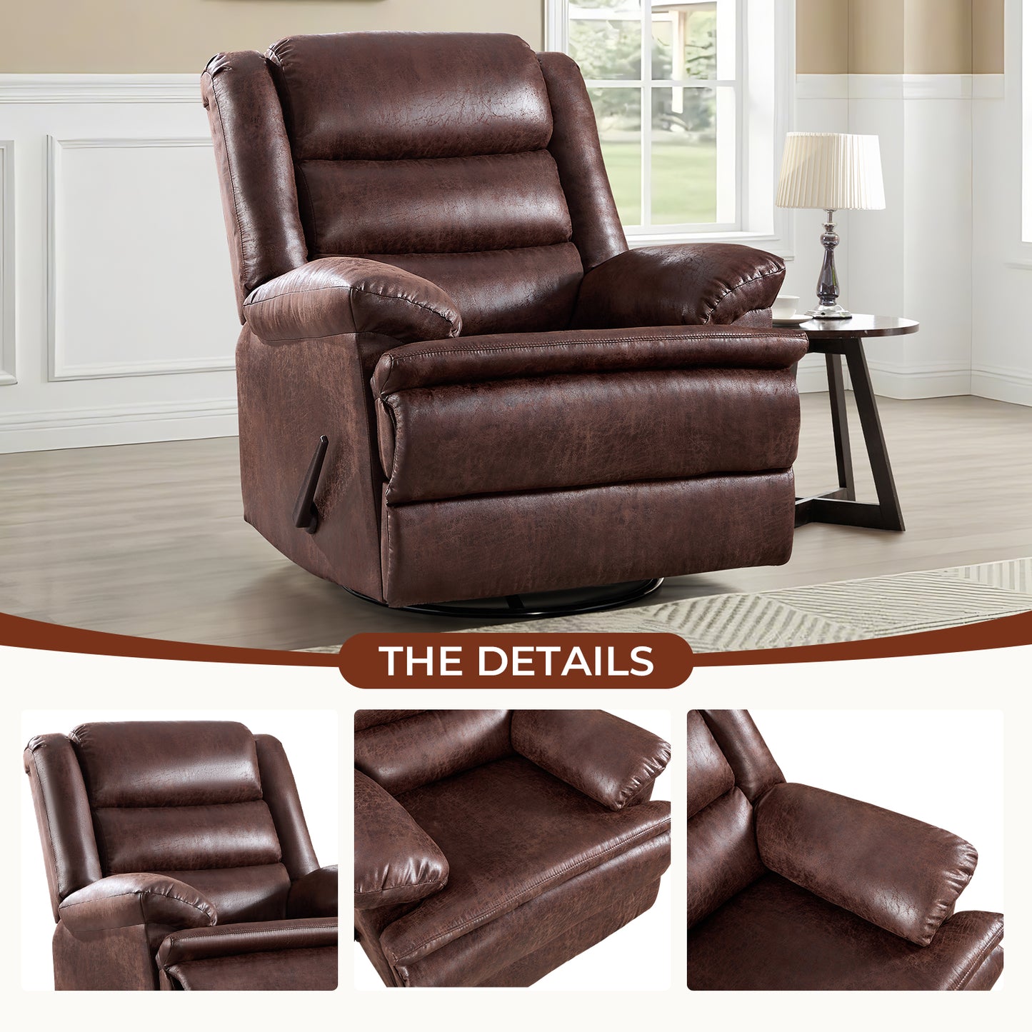 ZOY HOME Classic Swivel Rocker Recliner Chair, Manual Faux Leather Reclining Living Room Single Sofa with Side Handle & Overstuffed Arms, Light Brown