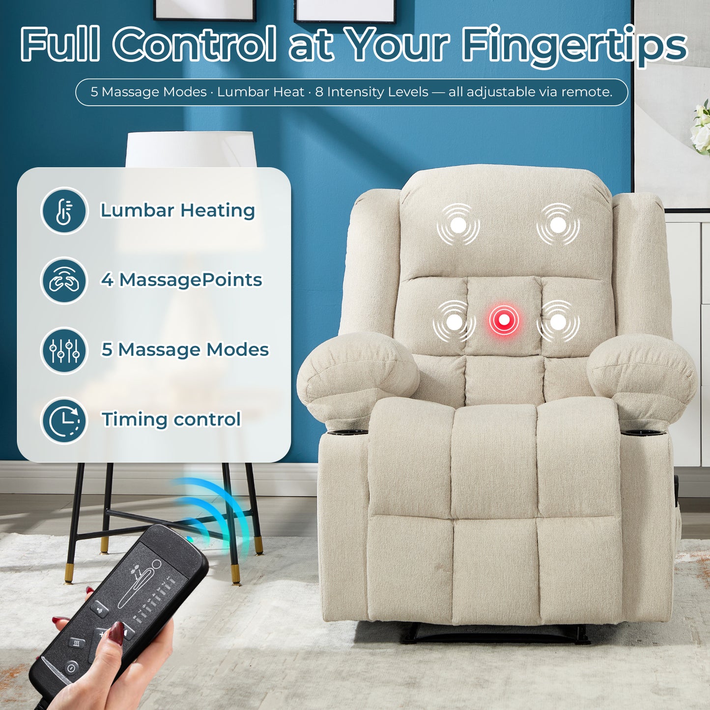 ANJManual Recliner Chair with Massage and Heat, Fabric Recliner with Cup Holders