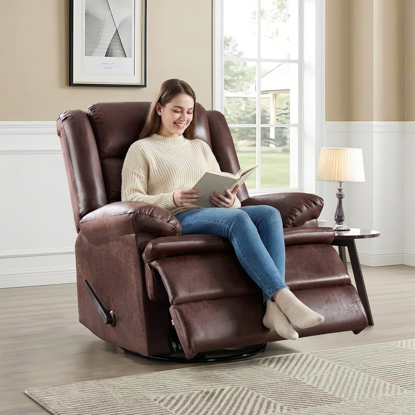 ZOY HOME Classic Swivel Rocker Recliner Chair, Manual Faux Leather Reclining Living Room Single Sofa with Side Handle & Overstuffed Arms, Light Brown