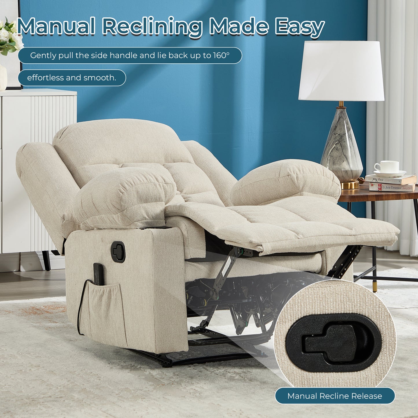 ANJManual Recliner Chair with Massage and Heat, Fabric Recliner with Cup Holders